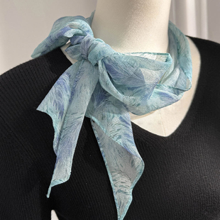 100%桑蚕丝丝巾女春夏季 真丝乔其纱小飘带防晒护颈小围脖纱巾 薄款