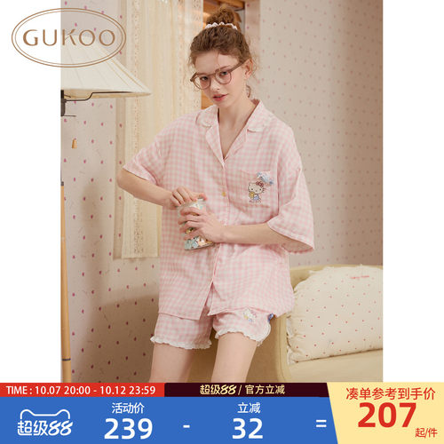 Gukoo果壳睡衣女夏玛丽猫联名无侧缝双层纱织格子纯棉家居服套装B