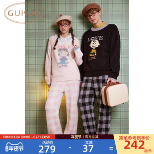 Gukoo果壳情侣睡衣女冬季新款半边绒睡衣史努比男家居服保暖套装D