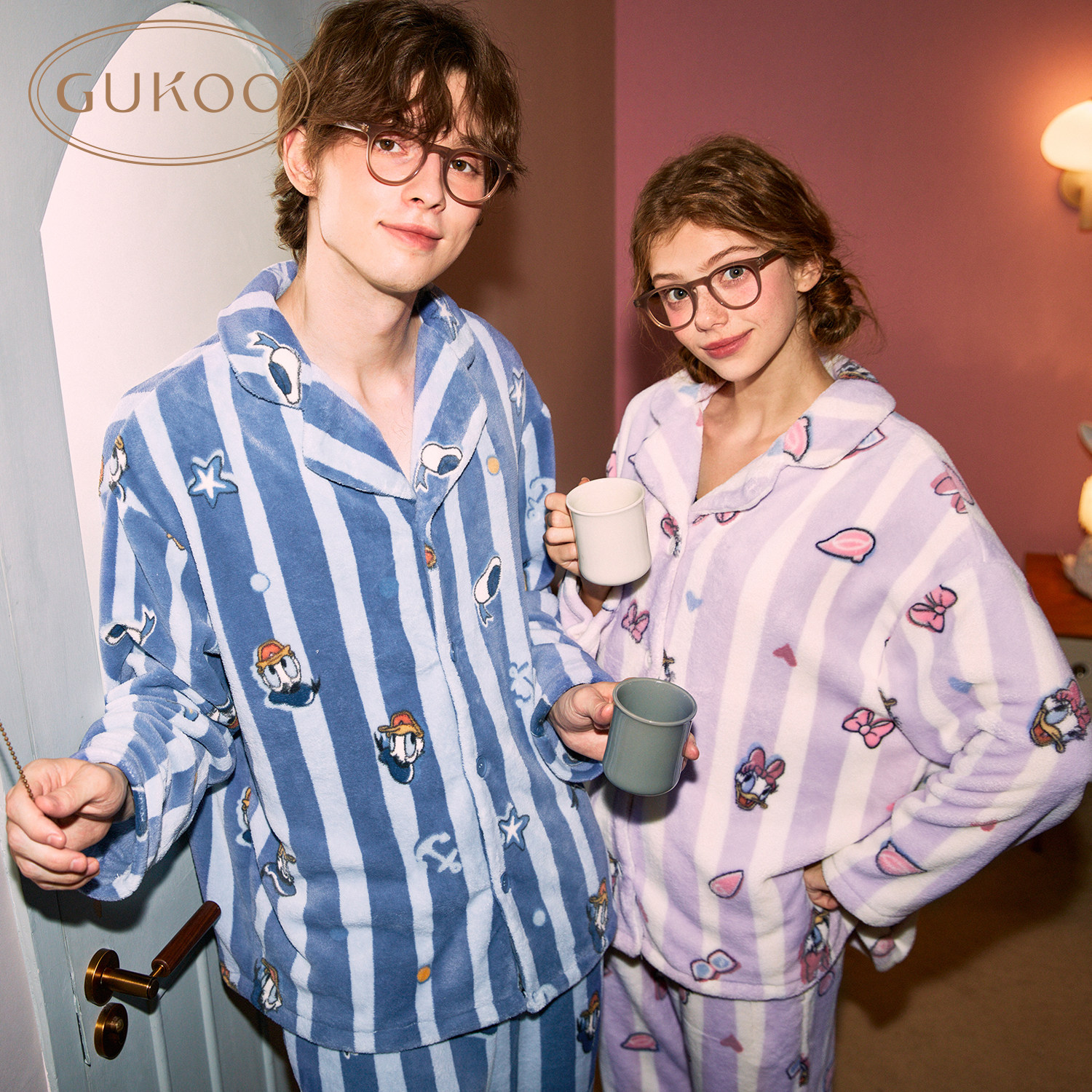 Gukoo果壳情侣睡衣条纹保暖牛奶绒女睡衣迪士尼冬款男家居服套装D