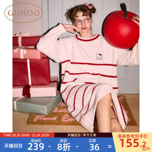 条纹半边绒女家居服睡裙D HelloKitty联名新款 Gukoo 果壳睡裙冬季