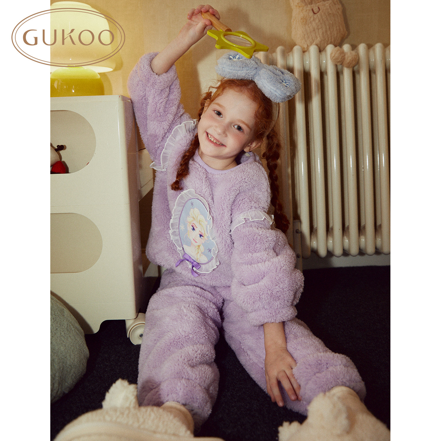 Gukoo/果壳睡衣女童冬季迪士尼联名新款毛绒保暖爱莎家居服套装D
