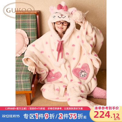 Gukoo/果壳睡衣女冬季珊瑚绒保暖新款玛丽猫联名可爱家居服套装D