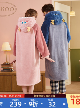 gukoo情侣睡衣冬新款情侣珊瑚绒睡袍可爱男士家居服冬季情侣睡衣D