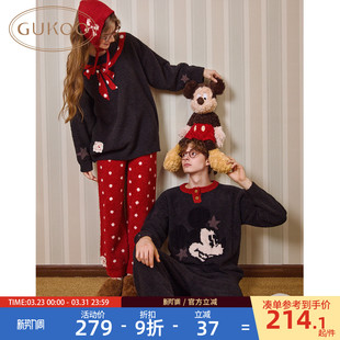Gukoo果壳情侣睡衣冬女款 半边绒男家居服D 红色新年睡衣迪士尼新款