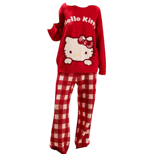 Gukoo/果壳半边绒睡衣女冬HelloKitty联名新年红女家居服D