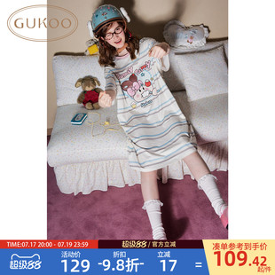Gukoo/果壳睡裙女春夏轰轰小狗印花新款纯棉条纹女士家居服睡裙B