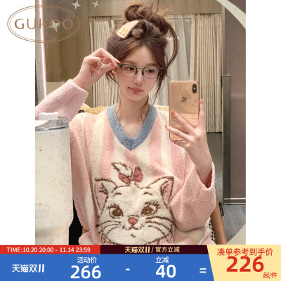 Gukoo/果壳新款半边绒保暖睡衣女秋冬可爱卡通家居服冬套装D