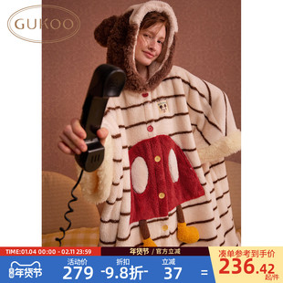Gukoo/果壳睡袍女冬季迪士尼联名新款条纹珊瑚绒家居服斗篷睡袍D