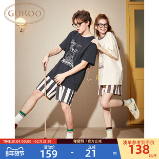Gukoo/果壳睡衣情侣夏新款迪士尼女款睡衣全棉男士家居服套装B