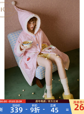 Gukoo/果壳睡袍冬季迪士尼联名新款格子夹棉可爱女士家居服睡袍D