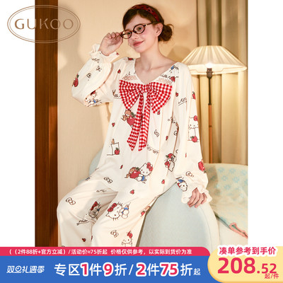 Gukoo/果壳睡衣女春秋款HelloKitty联名新款纯棉甜美家居服套装C