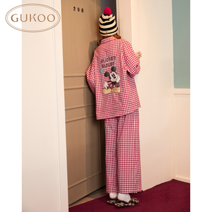Gukoo 果壳睡衣女新年红品春秋格子女士全棉梭织格纹家居服套装