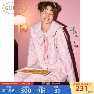 夹棉保暖女士家居服套装 小碎花满印新款 果壳睡衣女冬季 Gukoo