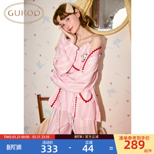 条纹天丝家居套装 睡衣女春夏玛丽猫联名吊带新款 果壳长袖 Gukoo