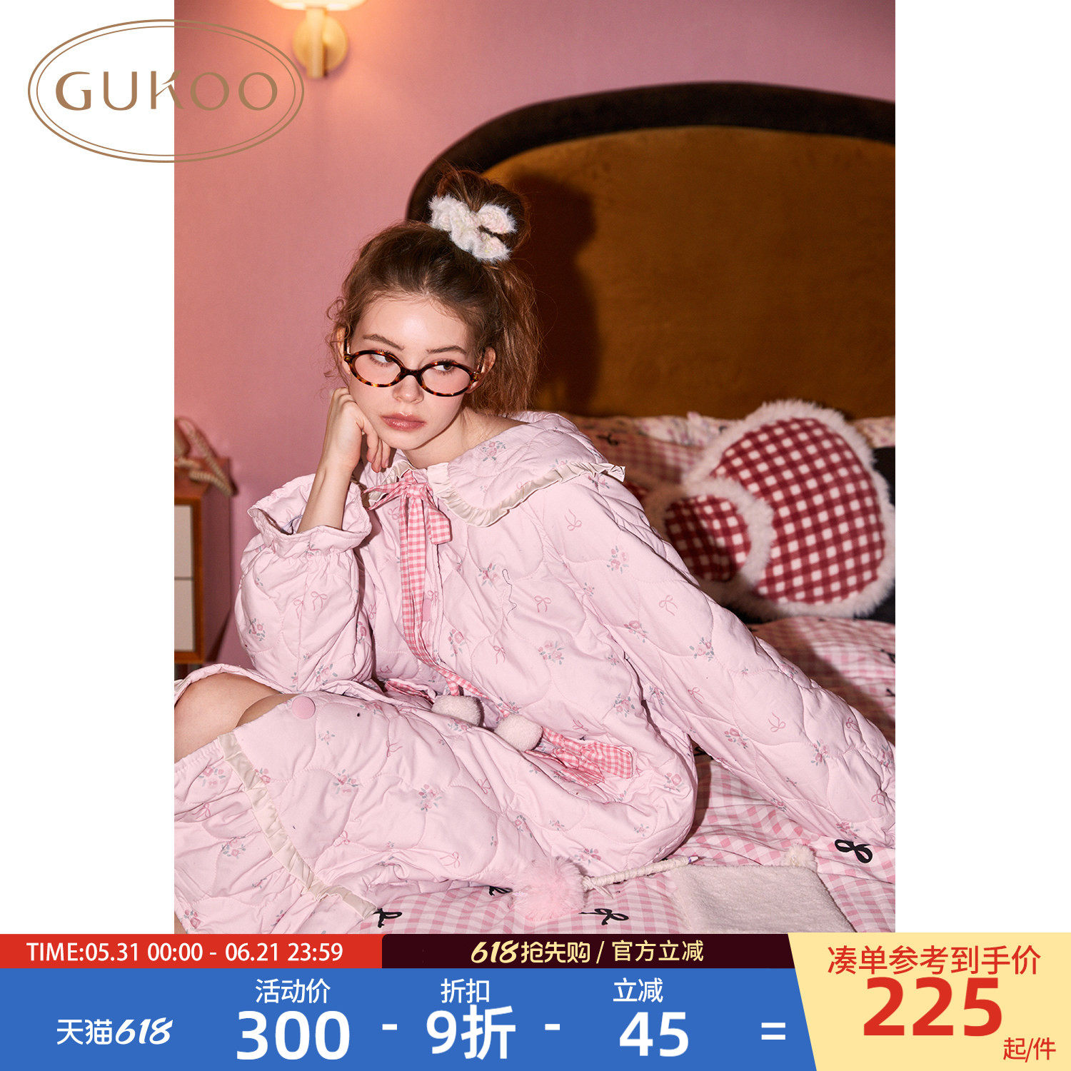 Gukoo/果壳睡袍女冬季小碎花满印新款夹棉保暖女士家居服睡袍