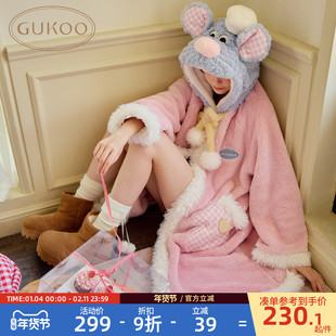Gukoo/果壳睡袍女冬季毛绒保暖新款料理鼠王联名女士家居服套装D