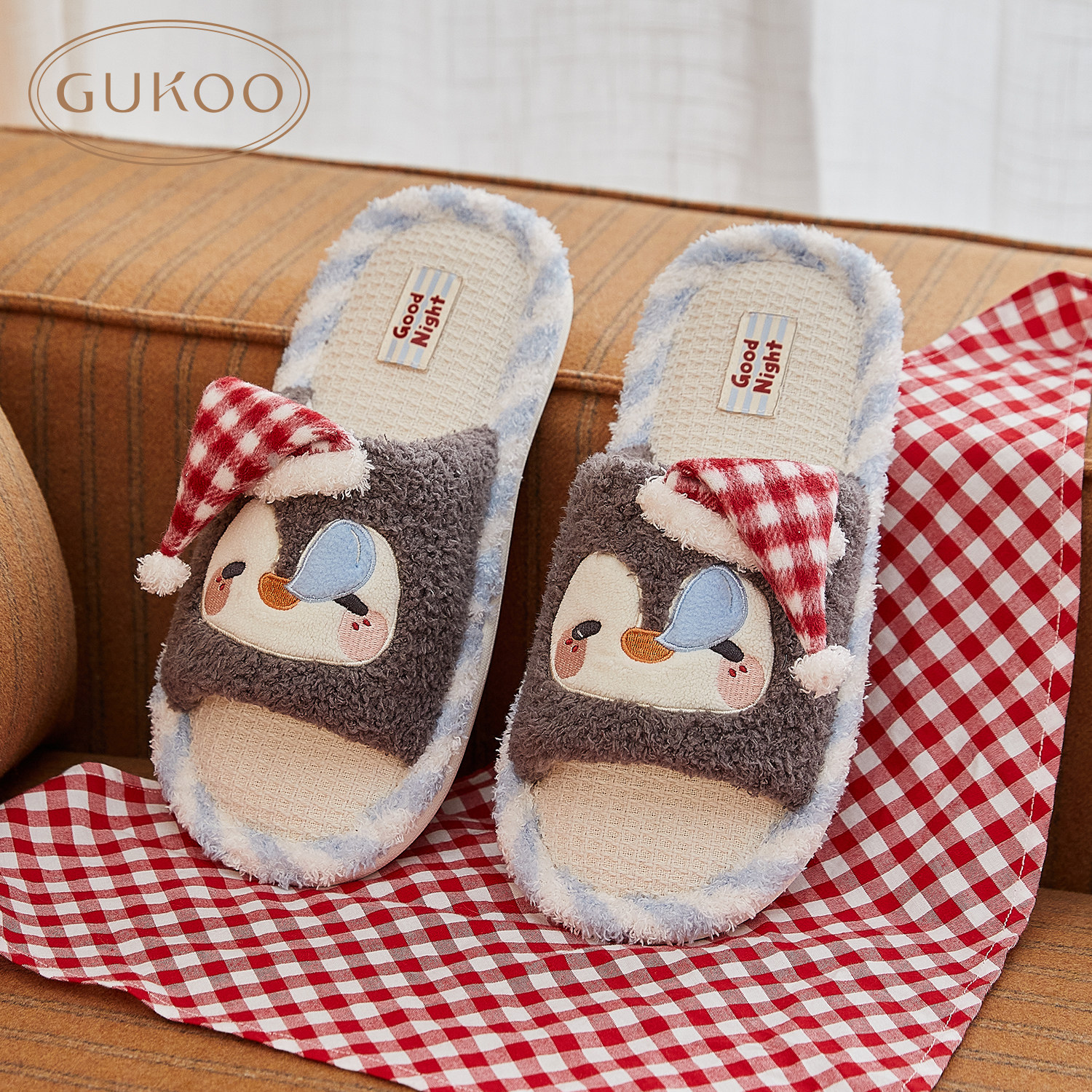 Gukoo/果壳拖鞋女春秋款小企鹅2026新款可爱女士居家亚麻底拖鞋