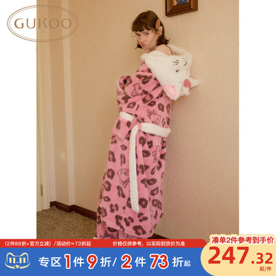 Gukoo/果壳睡衣冬季玛丽猫联名新款毛绒豹纹保暖女士家居服套装D