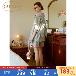 纯棉可爱女士家居服套装 轰轰小狗连帽新款 果壳睡衣女夏季 Gukoo