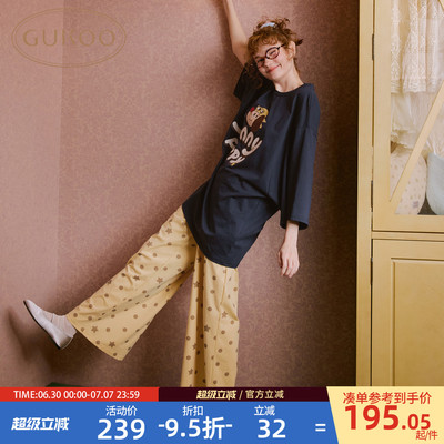 Gukoo/果壳睡衣女春夏轰轰小狗印花新款纯棉宽松女士家居服套装B