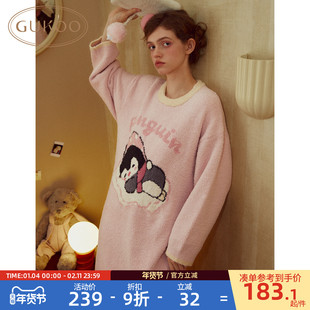 Gukoo/果壳睡裙女冬季小企鹅印花新款可爱半边绒女士家居服套装D