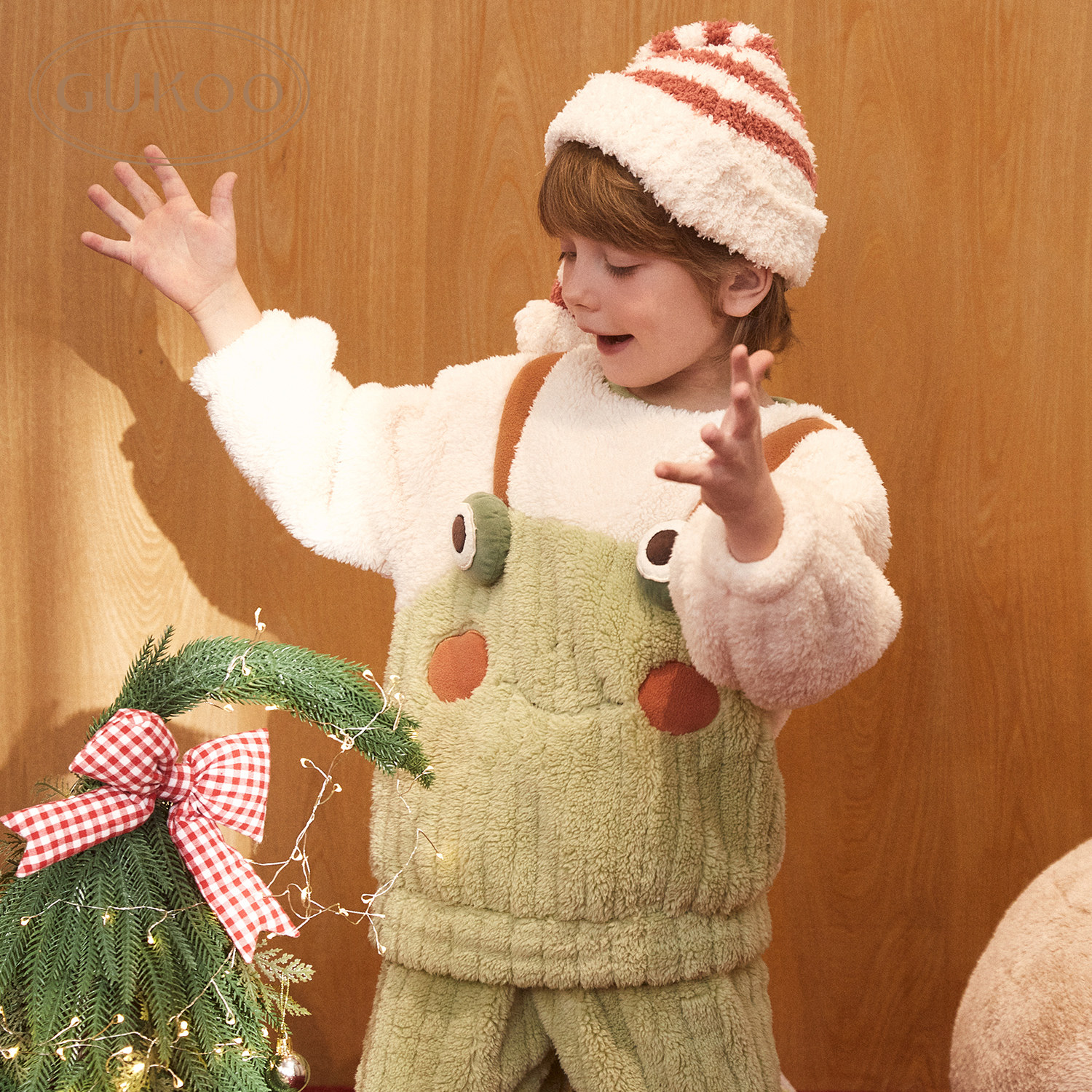 Gukoo/果壳睡衣男童冬季小青蛙新款可爱保暖儿童家居服套装D