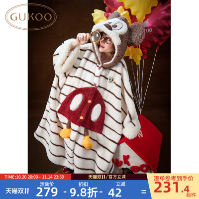Gukoo/果壳睡袍女冬季迪士尼联名新款条纹珊瑚绒家居服斗篷睡袍D