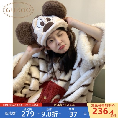 Gukoo/果壳睡袍女冬季迪士尼联名新款条纹珊瑚绒家居服斗篷睡袍D