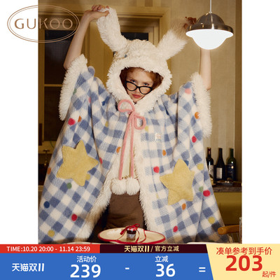 Gukoo/果壳睡袍冬季大耳狗联名新款格子毛绒保暖女士家居服睡袍D