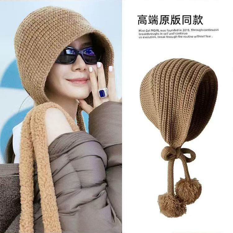 戚薇同款护耳针织毛球帽子女秋冬季保暖长辫子包头帽针织帽2025款