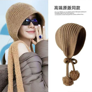 戚薇同款护耳针织毛球帽子女秋冬季保暖长辫子包头帽针织帽2025款