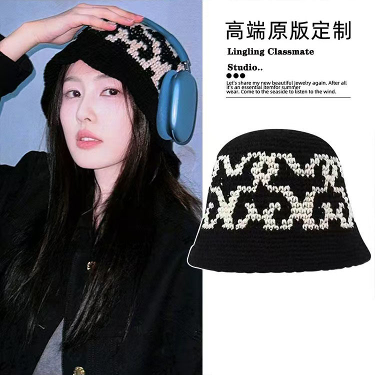 白鹿同款帽子女纯手工钩织提花渔夫帽显脸小2024秋冬新款针织盆帽