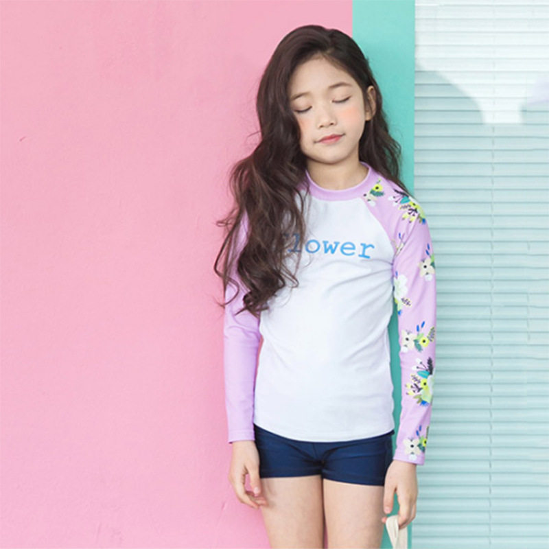 亦浪儿童女童小中童防晒长袖平角裤分体游泳衣清秀紫色撞色印花新