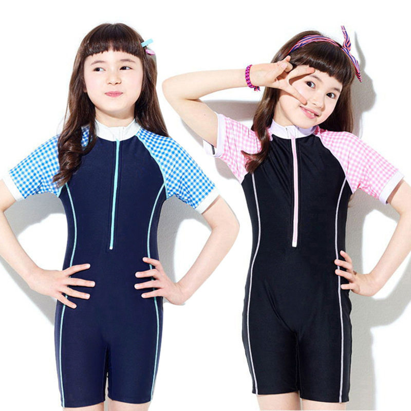 亦浪2024新款儿童中大童女孩短袖连体平角游泳衣青少年冲浪服格子