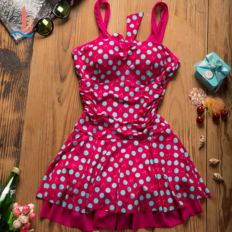 三奇女士泳衣连体裙式泳装色彩圆点网纱拼接钢圈托举无袖收腰遮肚