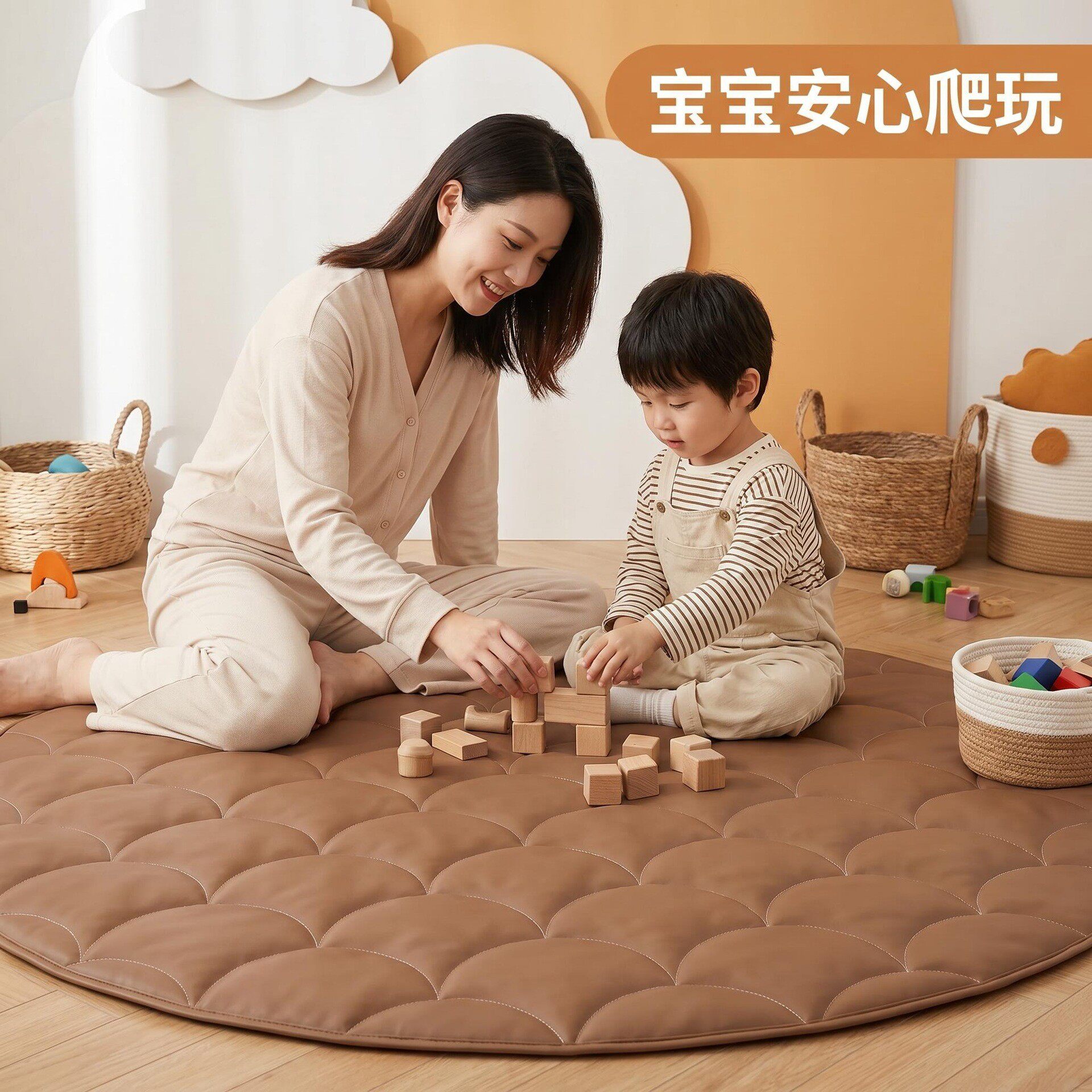 ins北欧奶油风绗缝格子圆形地垫婴儿爬行垫儿童房游戏垫床边地垫