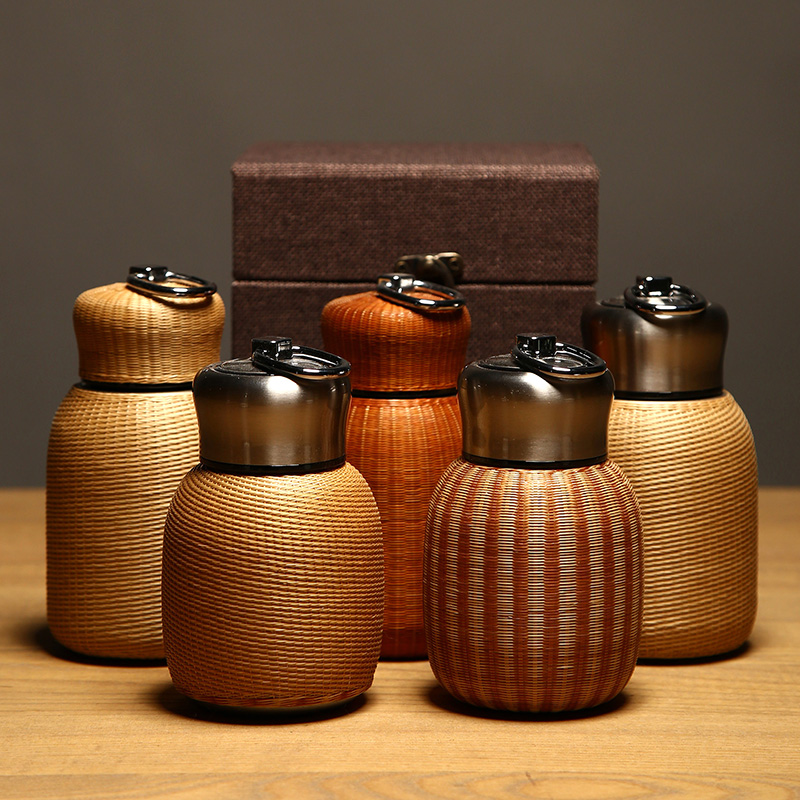 不锈钢便携开水杯礼盒装包邮竹编