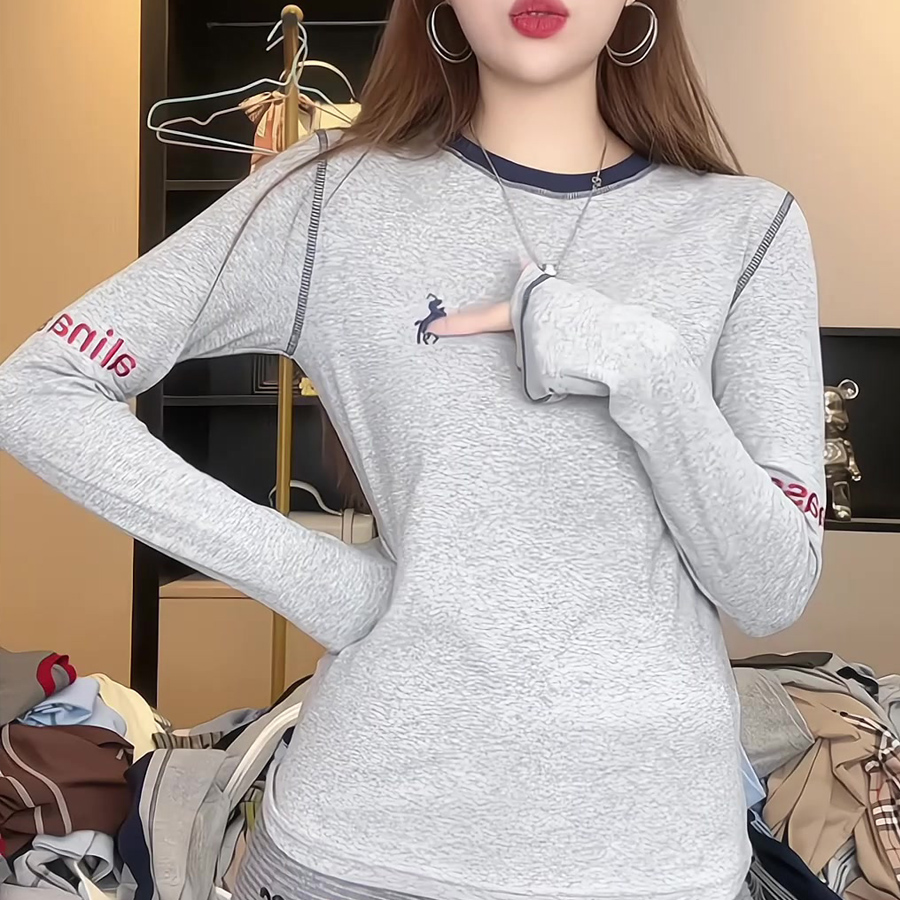 秋冬加厚纯棉撞色明线长袖T恤女字母刺绣百搭显瘦圆领打底衫上衣