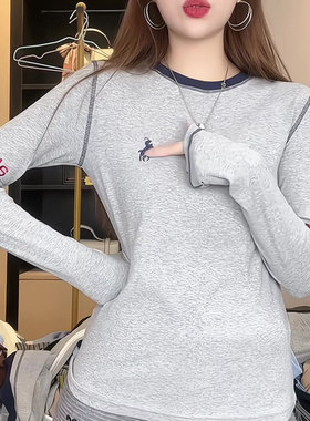 秋冬加厚纯棉撞色明线长袖T恤女字母刺绣百搭显瘦圆领打底衫上衣
