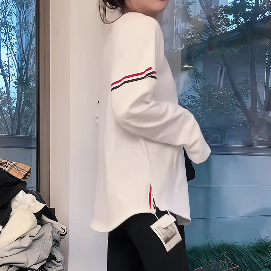 欧货拼色织带中长款T恤女纯棉春秋新款宽松百搭显瘦下摆开叉体恤