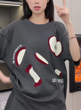 2025夏季新款灰色苹果印花圆领短袖T恤女显瘦时尚百搭上衣