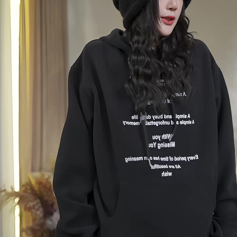 美式复古排序字母连帽卫衣女秋季宽松休闲百搭上衣