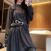 秋季 连衣裙休闲百搭慵懒A字松弛短裙ins 新款 简约纯色宽松圆领长袖