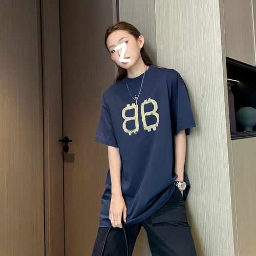 意凡BLBL 23ss巴黎BB印花短袖T恤女小领口宽松大版男女上衣潮