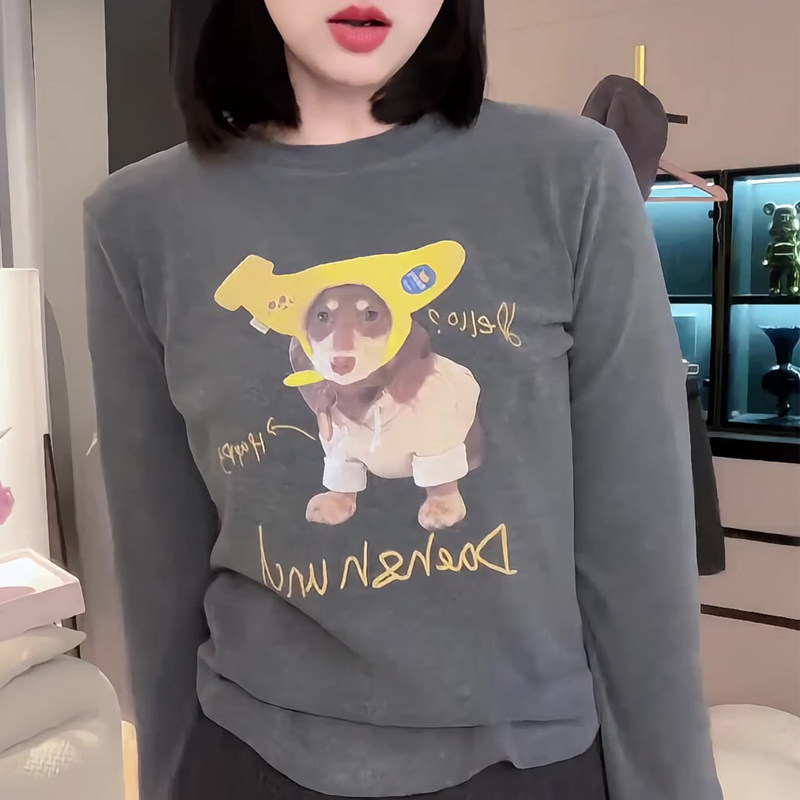 小狗印花拼接T恤2024秋冬季新款尚百搭修身显瘦保暖打底衫上衣女