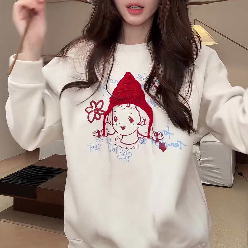 秋季新款宽松显瘦百搭圆领卡通长袖T恤卫衣上衣