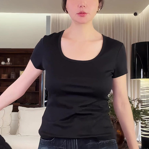 黑色基础款u领正肩短袖T恤女夏季2025新款修身显瘦上衣