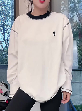 潮牌明线撞色小马刺绣长袖T恤女2024秋冬白色休闲百搭显瘦打底衫