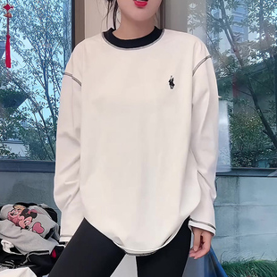 潮牌明线撞色小马刺绣长袖 T恤女2024秋冬白色休闲百搭显瘦打底衫